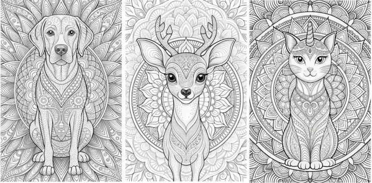 MANDALAS à colorier animaux chien chat Bambi avec fleurs la magie des couleurs https://loisirs-creatifs-bricolages.fr