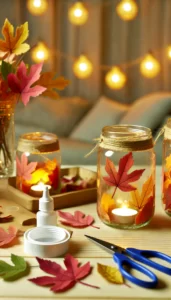 Illustration-of-autumn-themed-DIY-lanterns-made-from-glass-jars-adorned-with-dried-leaves.-The-scene-shows-a-cozy-indoor-setting.webp